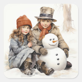 Adesivo Quadrado Crianças da velha moda natalícia Snowman Watercolo