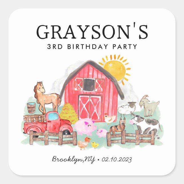 Adesivo Quadrado Crianças de Fazenda de Barnyard de Aquarela (Frente)