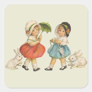 Adesivo Quadrado Crianças e coelhos do vintage