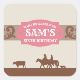 Adesivo Quadrado Crianças, Festa de aniversário Ocidental, Rosa/Cas