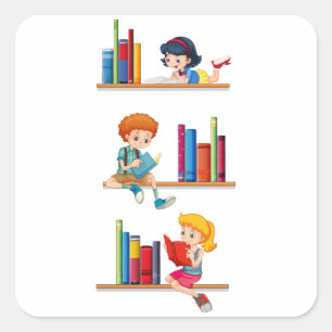 Adesivo Quadrado Crianças Lendo Livros na Prateleira