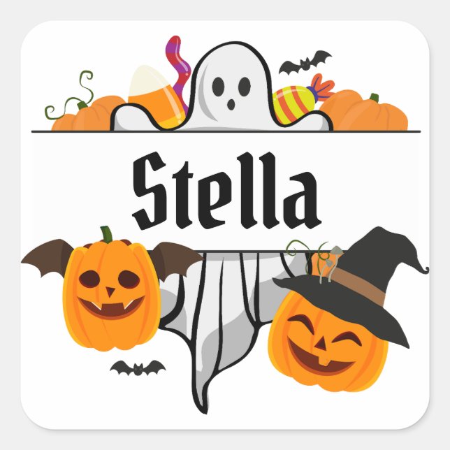 Adesivo Quadrado Crianças Nome do Dia das Bruxas Tote Bag Trick ou  (Frente)
