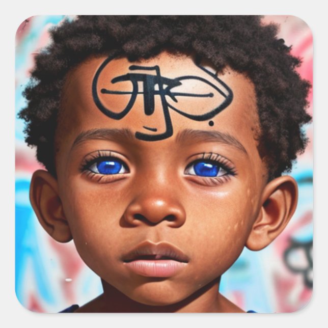 Adesivo Quadrado Crianças Tribais | Pequena Arte de Rua Futurística (Frente)