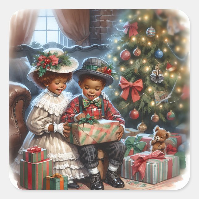 Adesivo Quadrado Crianças Vintage Abrindo Presentes De Natal (Frente)