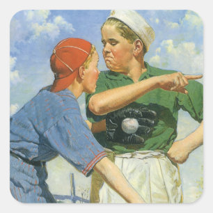 Adesivo Quadrado Crianças Vintage e Esportes, Meninos Jogando Baseb