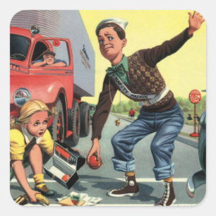 Adesivo Quadrado Crianças Vintage, Menina Auxiliante da Patrulha d