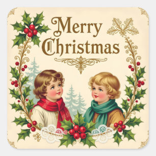 Adesivo Quadrado Crianças vitorianas Feliz Natal vintage