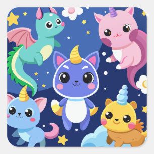 Adesivo Quadrado Criaturas de fantasia de Kawaii