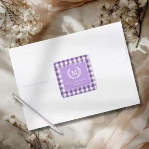 Adesivo Quadrado Crista de Monograma Gingham Roxo Personalizado