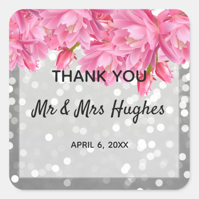 Adesivo Quadrado Cristais de brilho prateado, casamento floral rosa (Frente)