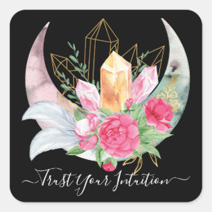 Adesivo Quadrado Cristais de Intuição Lua Penas Flores Boho