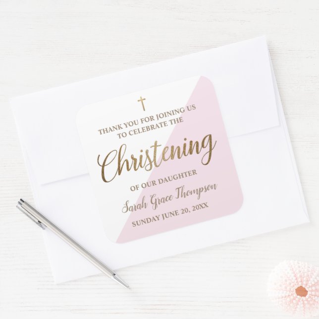 Adesivo Quadrado Cristening personalizado Cor-de-rosa-rosa-ouro mod (Envelope)