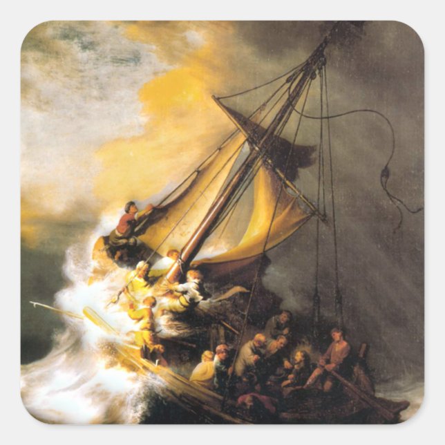 Adesivo Quadrado Cristo na Tempestade no Mar de Galileu-Rembrandt (Frente)