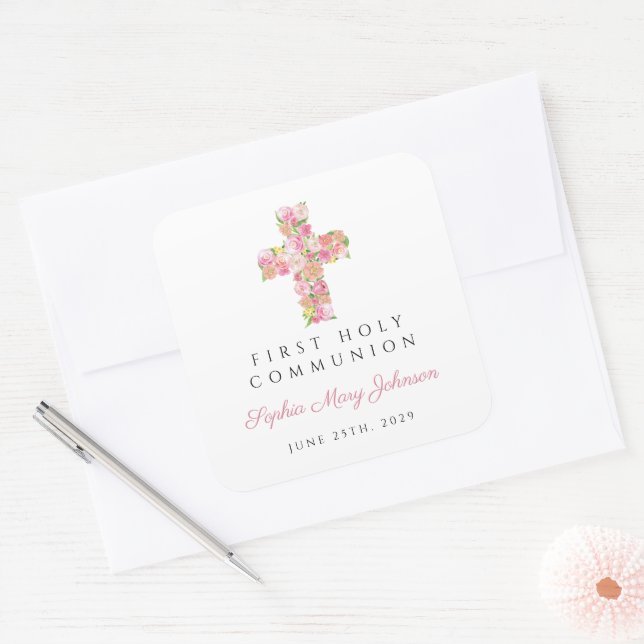 Adesivo Quadrado Cruz Floral Rosa Elegante Primeira Comunhão (Envelope)