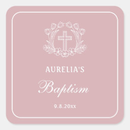Adesivo Quadrado Cruz Floral Simples no Batismo Rosa