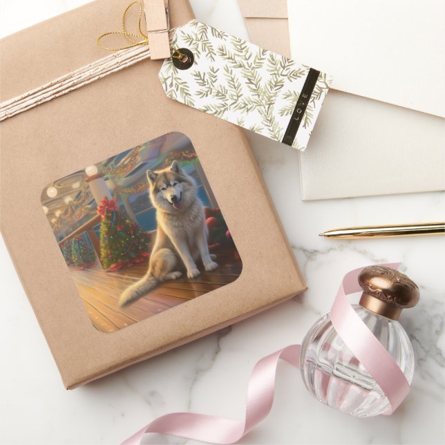 Adesivo Quadrado Cruzeiro de Natal do Alaskan Malamute: Feriado Paw (Presentear)