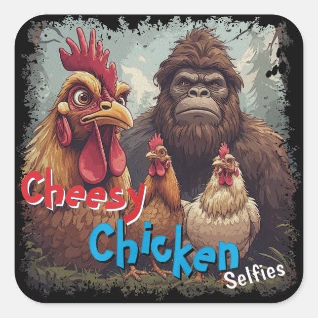 Adesivo Quadrado “Cryptid Photo Op” Cheesy Chicken Selfie Sticker (Frente)