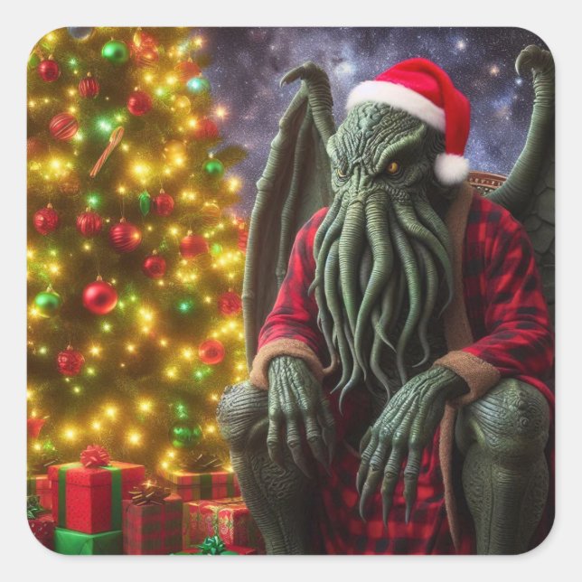 Adesivo Quadrado Cthulhu Feliz de natal de Creepmas Cthulhumas (Frente)