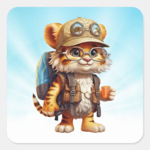 Adesivo Quadrado Cubo Joyful Tiger com mochila e café