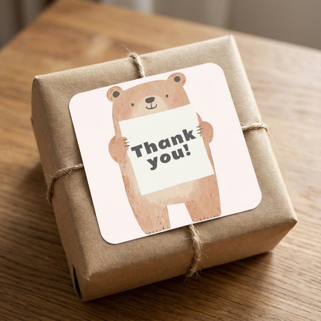 Adesivo Quadrado Cubo Urso Nome ou mensagem Sinalizar rosa (Cute Bear Holding name or message Sign pink Square Sticker.)