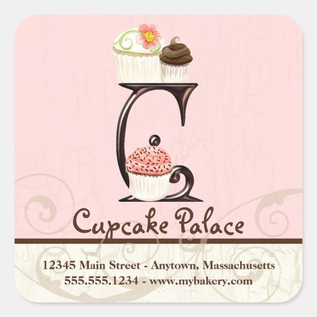 Adesivo Quadrado Cupcake C Monograma Logotipo para empresas (Frente)