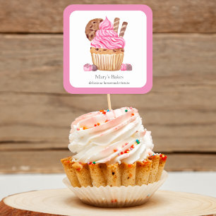 Adesivo Quadrado Cupcake Cor-De-Água Rosa Com Panificação De Chocol