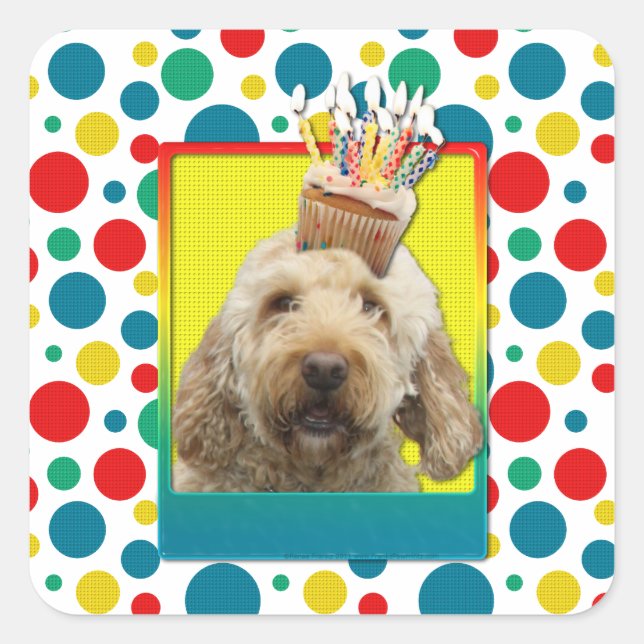 Adesivo Quadrado Cupcake de aniversário - GoldenDoodle (Frente)