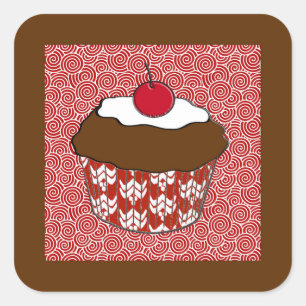 Adesivo Quadrado Cupcake de chocolate em padrão vermelho e branco