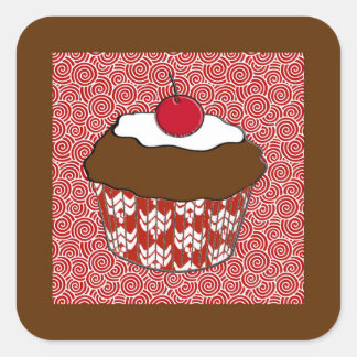 Adesivo Quadrado Cupcake de chocolate em padrão vermelho e branco