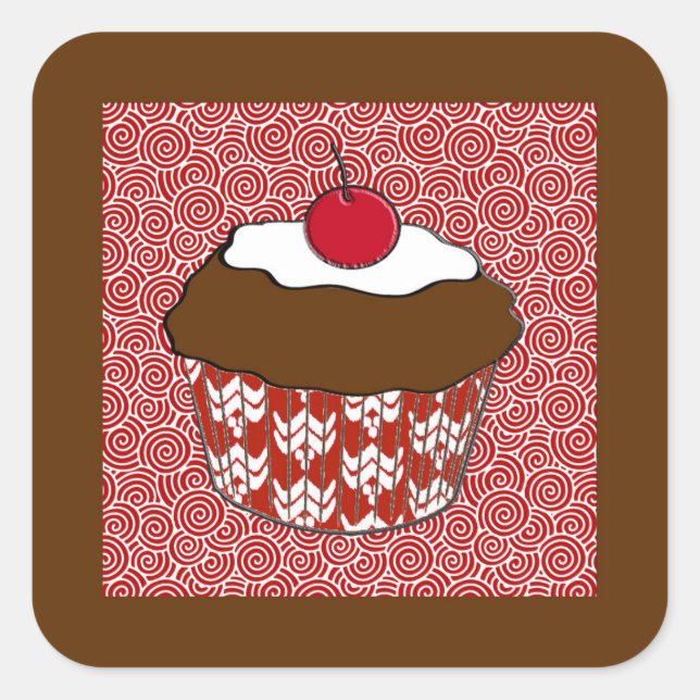 Adesivo Quadrado Cupcake de chocolate em padrão vermelho e branco (Frente)