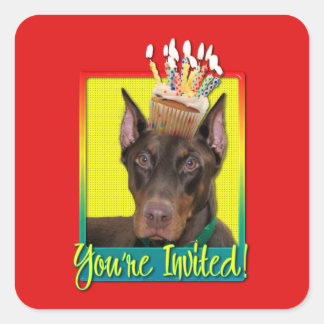Adesivo Quadrado Cupcake de Convite - Doberman - Red - Rocky
