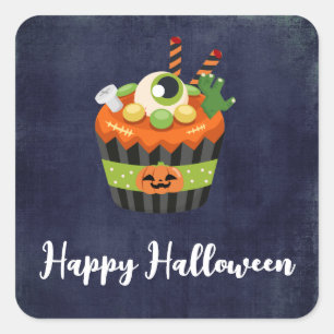 Adesivo Quadrado Cupcake de Halloween bonito e assustador com uma b