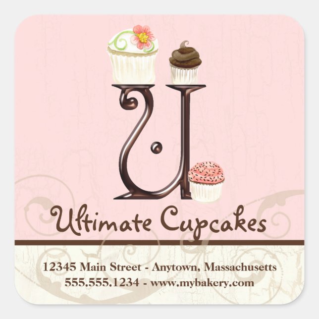 Adesivo Quadrado Cupcake Letter U Monograma Logotipo inicial (Frente)