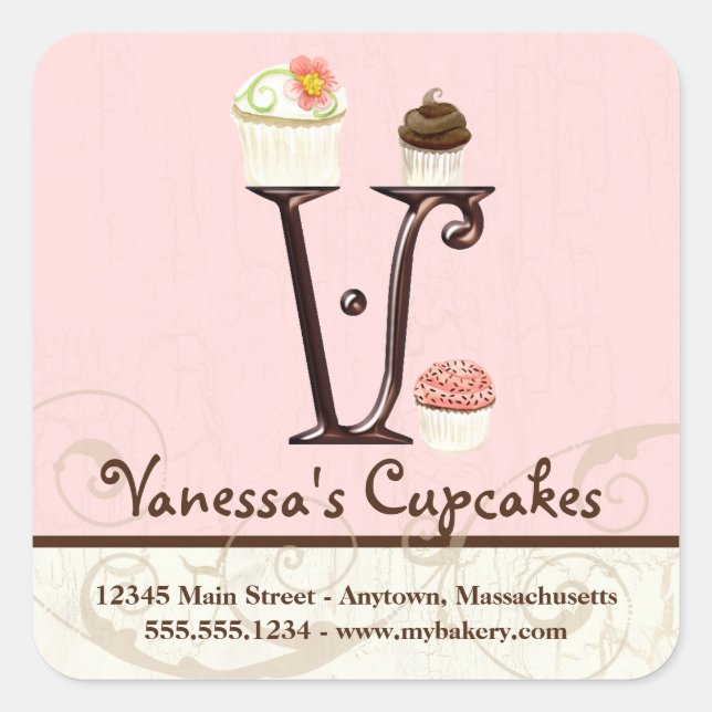 Adesivo Quadrado Cupcake Letter V Monograma Logotipo para empresas (Frente)