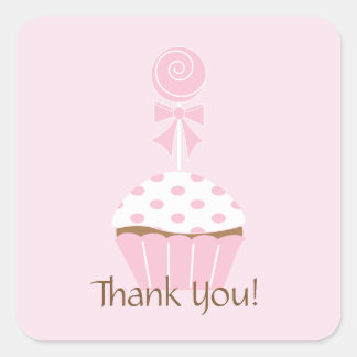 Adesivo Quadrado Cupcake Lollipop Feliz Aniversário Obrigado Sticke