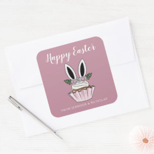Adesivo Quadrado Cupcake Rosa Bonito, Felz pascoa de Ouvidos Coelhi