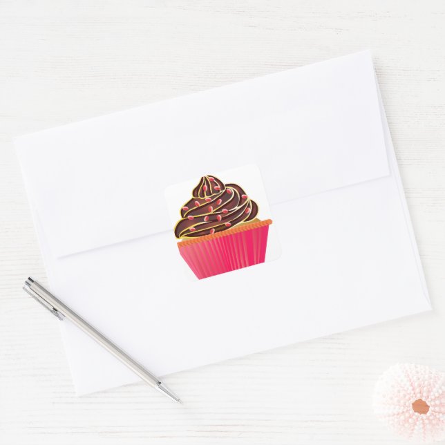 Adesivo Quadrado Cupcake Rosa com Cobertura de Chocolate (Envelope)