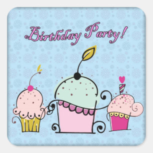 Adesivo Quadrado Cupcakes bonitos Vinhetas de Aniversário Felizes