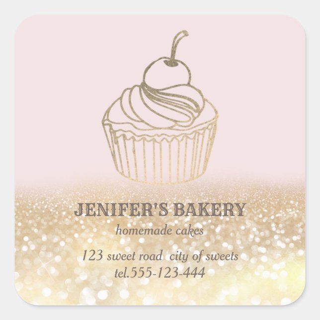Adesivo Quadrado Cupcakes e doces caseiros de ouro (Frente)