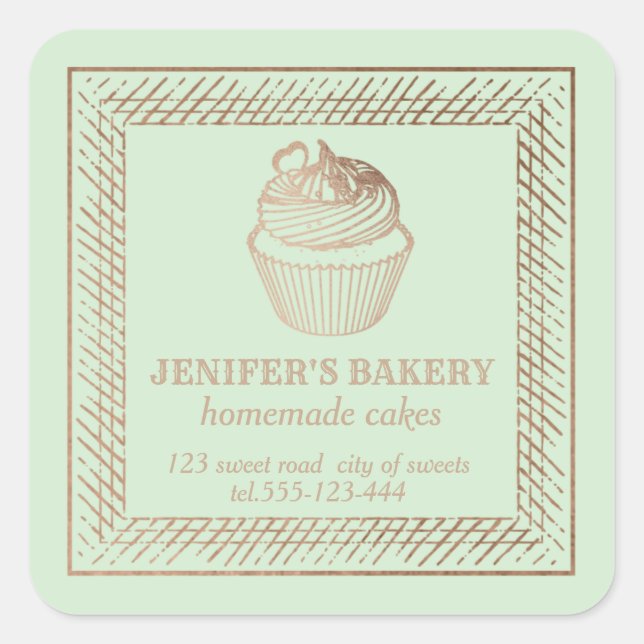Adesivo Quadrado Cupcakes e doces caseiros de Rosa dourado (Frente)