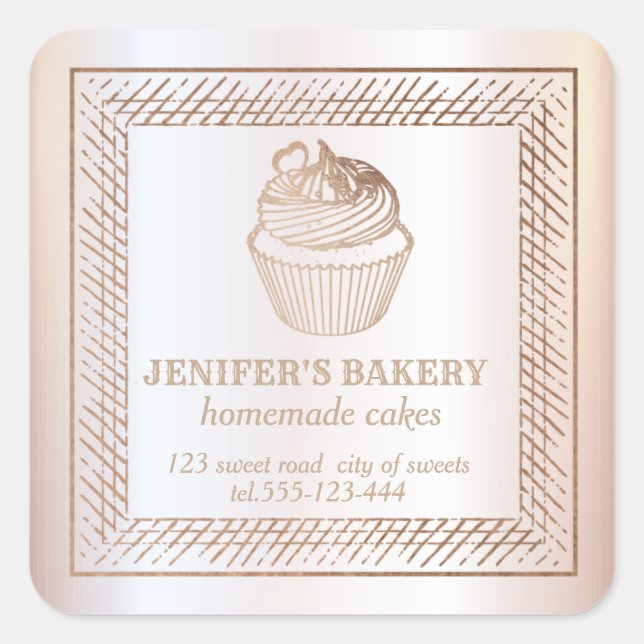 Adesivo Quadrado Cupcakes e doces caseiros de Rosa dourado (Frente)