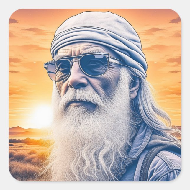 Adesivo Quadrado Curioso Hippie, Biker Dude, Backpacker (Frente)