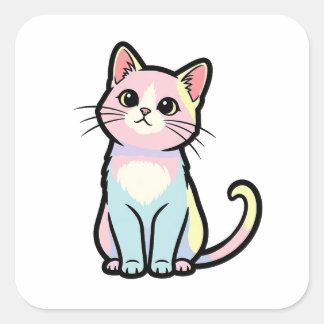 Adesivo Quadrado Curious Cat – Cute Kawaii Animal Illustration
