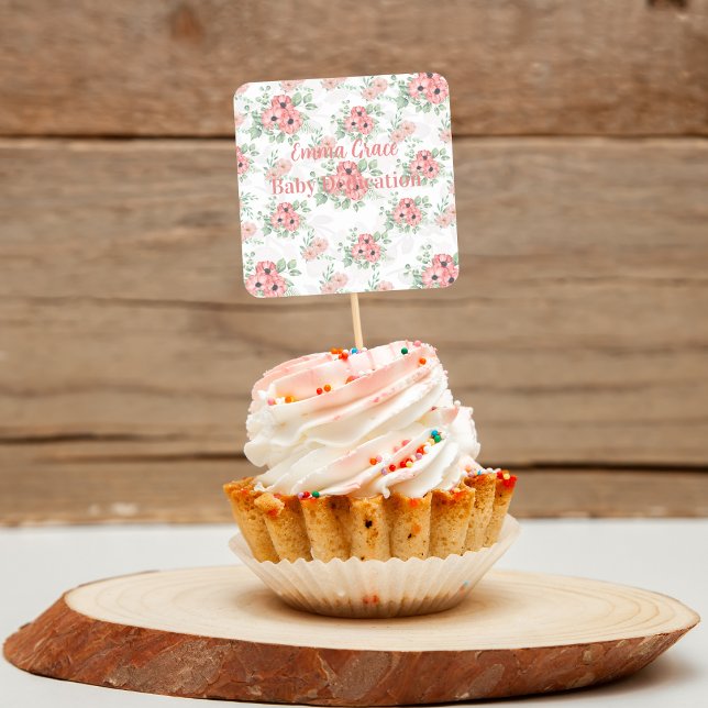 Adesivo Quadrado Custom Baby Dedication Sage Green & Pink Floral  (Criador carregado)