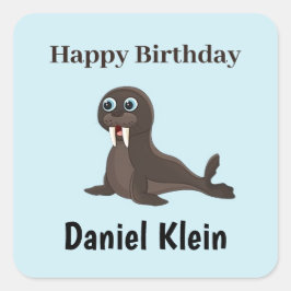 Adesivo Quadrado Custom birthday cute gray seal blue