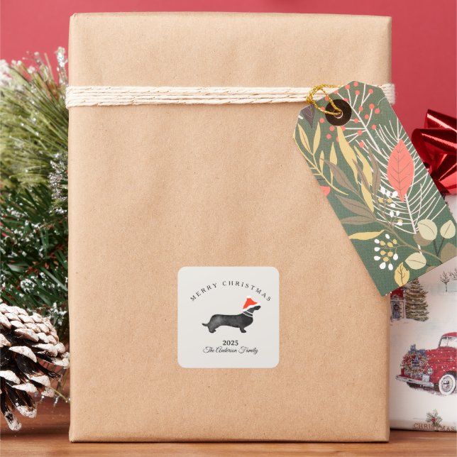 Adesivo Quadrado Custom Christmas red gray santa dachsund (Feriado)