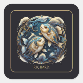 Adesivo Quadrado Custom Cosmic Fish Zodiac Sign Black Gold Pisces