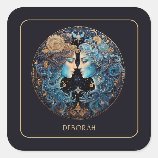 Adesivo Quadrado Custom Cosmic Twin Zodiac Symbol Black Gold Gemini (Frente)