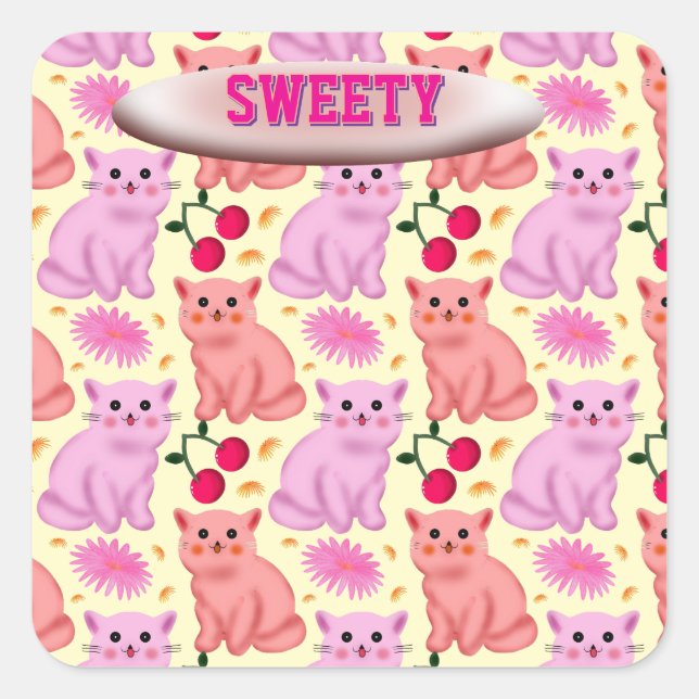 Adesivo Quadrado Custom Cute Cat Cherry Floral Pattern (Frente)