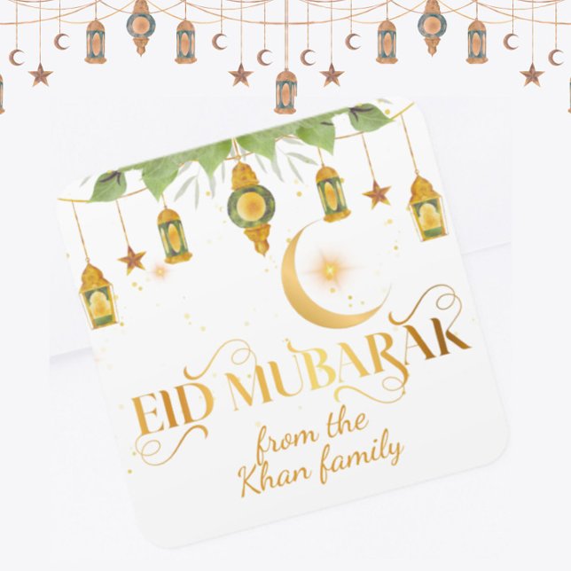 Adesivo Quadrado Custom "Eid Mubarak" White Gold Lanterns + Moon (Spread the joy of the blessed season with these elegant custom Eid Mubarak stickers in white + gold!)